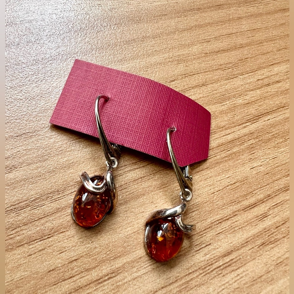 Sterling Silver .925 Baltic Amber Delicate Dangle Earrings